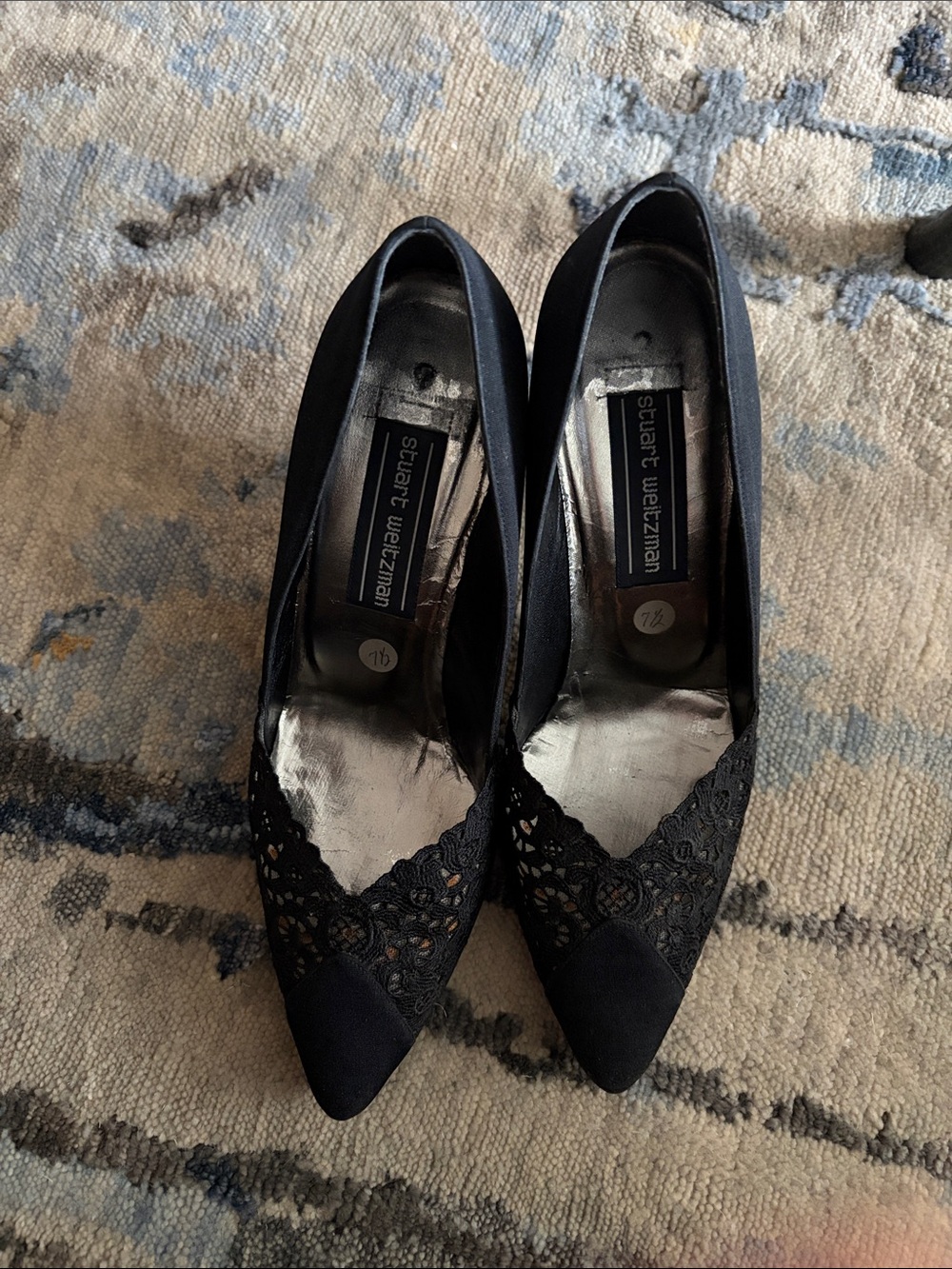 Stuart Weitzman Black Lace-Trim Pointed Toe Pumps